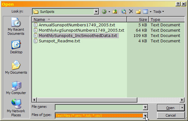 Excel File Open dialog, with file type 'Text Files' selected.