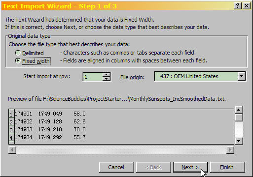 Excel Text Import Wizard Step 1 of 3, with file type 'Fixed width' selected.