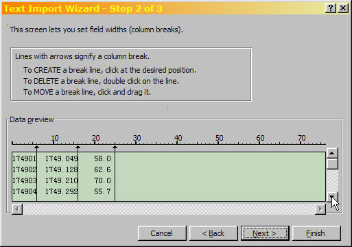 Excel Text Import Wizard Step 2 of 3, for setting field widths.