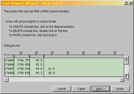 Excel Text Import Wizard Step 2 of 3, showing the fourth data column starting at row seven.