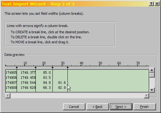 Excel Text Import Wizard Step 2 of 3, with fourth data column added.