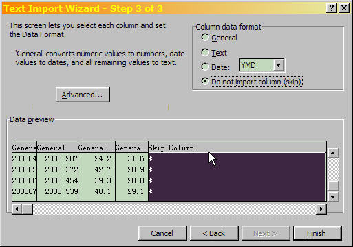 Excel Text Import Wizard Step 3 of 3, making sure that asterisks are separated from sunspot numbers.