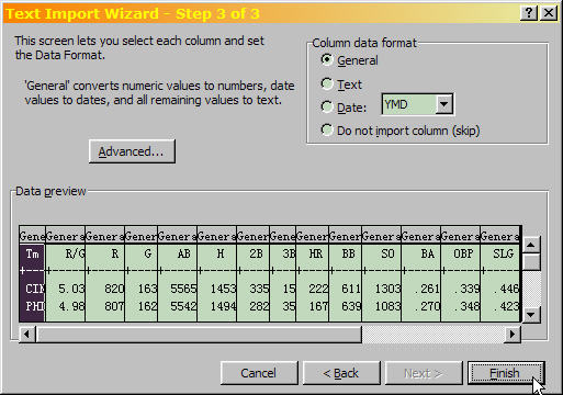 Excel Text Import Wizard Step 3 of 3, selecting data formats for each column.