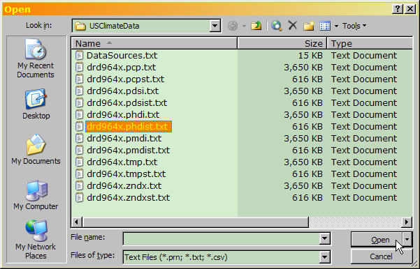 Excel File Open dialog, with file type 'Text Files' selected.