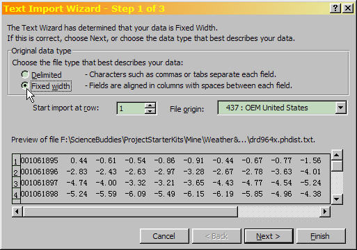 Excel Text Import Wizard Step 1 of 3, with file type 'Fixed width' selected.