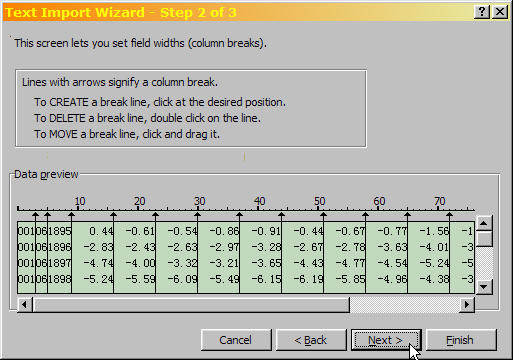 Excel Text Import Wizard Step 2 of 3, for setting field widths.