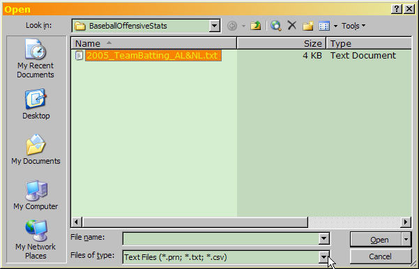 Excel File Open dialog, with file type 'Text Files' selected.