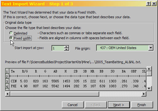 Excel Text Import Wizard Step 1 of 3, with file type 'Fixed width' selected.