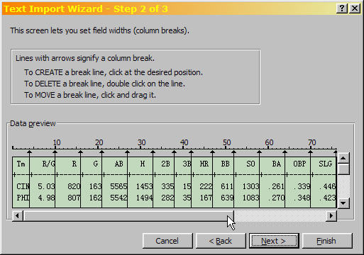 Excel Text Import Wizard Step 2 of 3, for setting field widths.