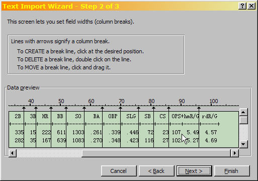 Excel Text Import Wizard Step 2 of 3, showing the missing column break in the third-to-last column.