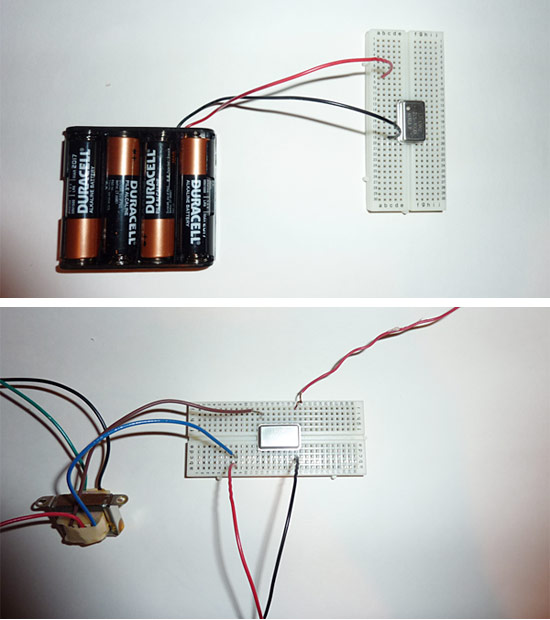 Elec science project
top: battery holder connected to breadboard during building of AM transmitter
bottom: completed circuit for AM radio transmitter