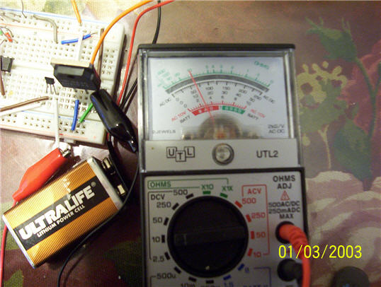 Example photo of the gaussmeter circuit on a solderless breadboard.