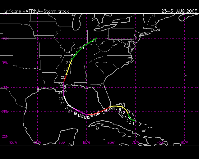 Storm track map for Hurricane Katrina