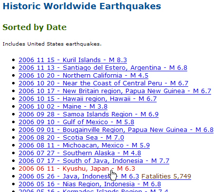 partial screenshot of USGS Historic Worldwide Earthquakes webpage