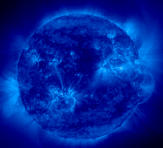 SOHO Extreme ultraviolet Imaging Telescope image at 171 angstroms, from November 15, 1999. Compare to visible light image, above.