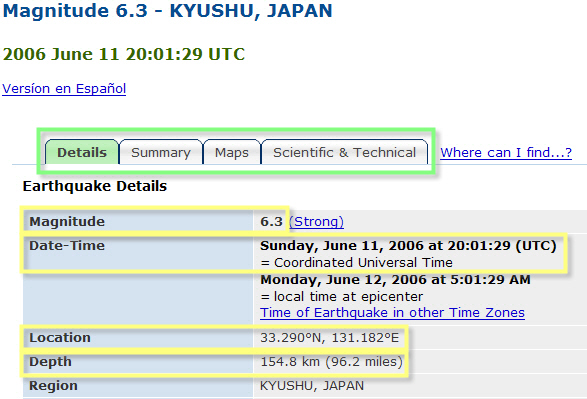 partial screenshot of a USGS Historic Worldwide Earthquakes quake details page