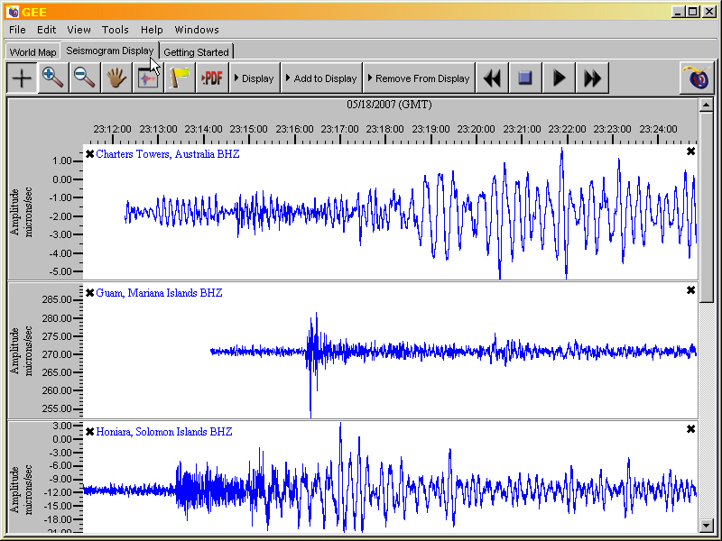 example of the seismogram display tab with three seismograms displayed