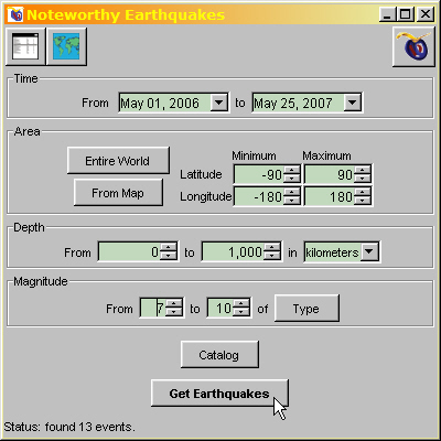 Noteworthy Earthquakes dialog box screen shot