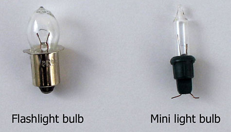 Electricity and Electronics  Science ProjectThis photo shows two example light sources, a flashlight bulb on the left, and a mini lightbulb (Christmas tree lightbulb) on the right.