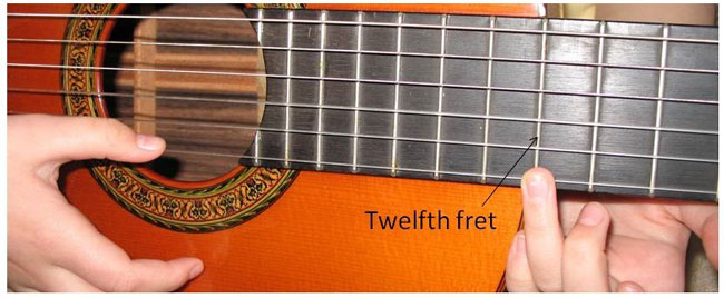 Music Science Project This photo shows where to practice playing harmonics, and how to put your ring finger lightly above the twelfth fret as you pluck. Do not press all the way down.