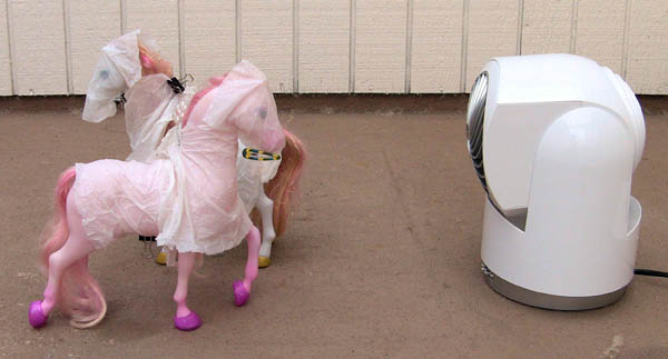 This photo shows two toy horses, that have been draped with damp paper towels, standing in front of a fan. One horse is facing the fan and the other horse is turned away from the fan.