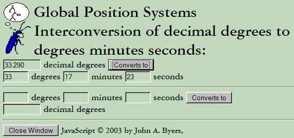 Screenshot of a program used to convert coordinates on the website chemical-ecology.net