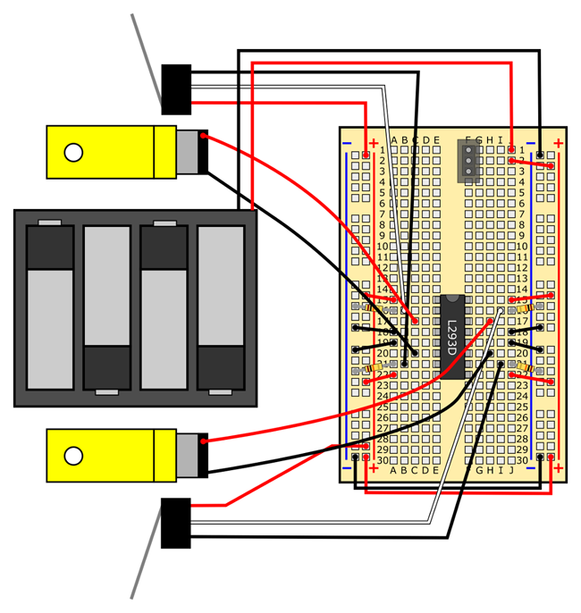 Breadboard diagram shows two motors, a battery pack and two lever switches wired to an obstacle avoiding robot circuit
