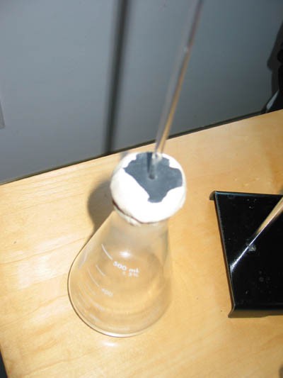 A glass tube is inserted into the center of a rubber stopper that is placed in the opening of an erlenmeyer flask