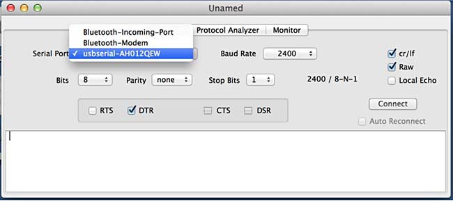 Screenshot of the program SerialTools recognizing a RFID reader that is plugged into a computer