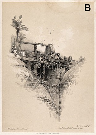Illustration of a Persian water wheel