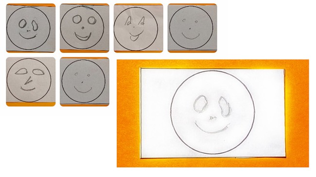A smiley face drawn on a white paper; the white paper rests on an orange larger paper (lower right corner). A set of six pictures of drawings of happy faces. Each circle of a face takes up almost all the space in the picture; all have a small orange strip visible above and below the drawing (upper left corner) .