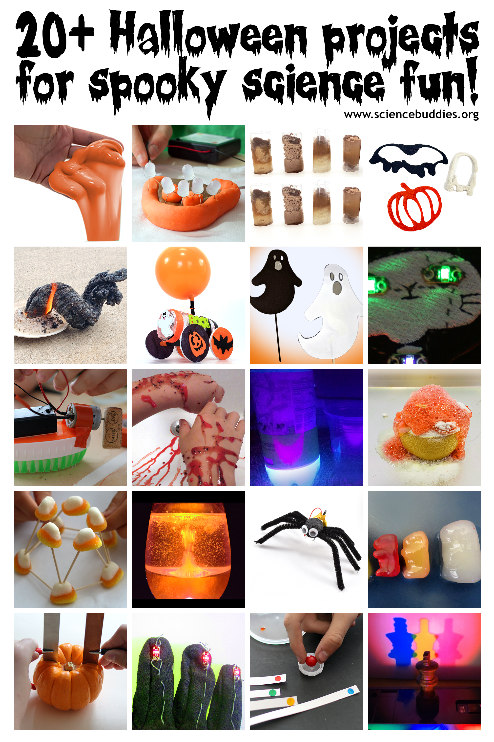 Examples from 20 different Halloween STEM activities and experiments for spooky science fun, including lava lamp, balloon car, pumpkin power, and more
