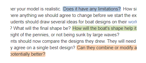 Cropped screenshot of text highlighted based on NGSS alignment