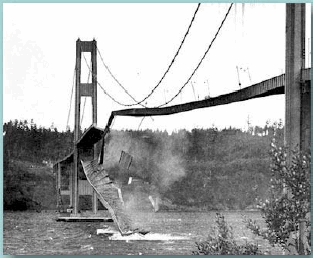 Black and white photo of a bridge collapsing