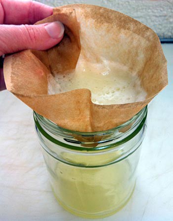 A paper coffee filter strains a catalase solution into a glass jar
