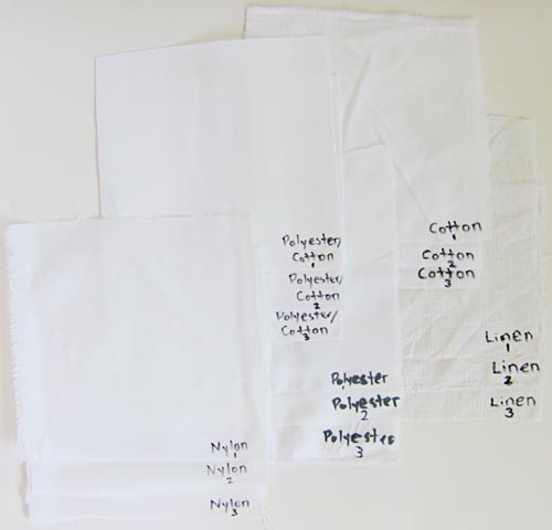 Five squares of white fabric are labeled with black marker