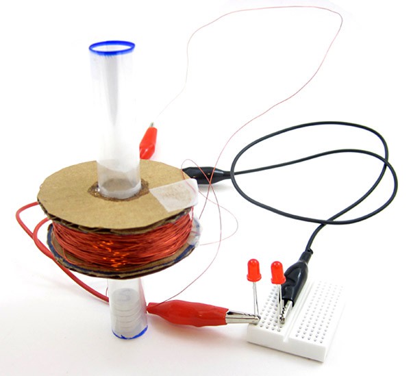 Alligator clips connect two red LEDs in a breadboard to a spool of copper wire wrapped around a clear tube