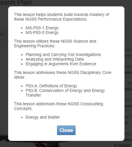 Cropped screenshot of a Science Buddies experiment NGSS standards dialog box