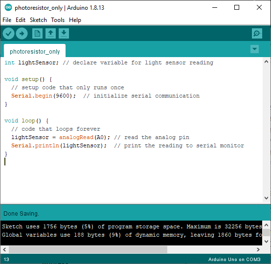 Example code for light sensor