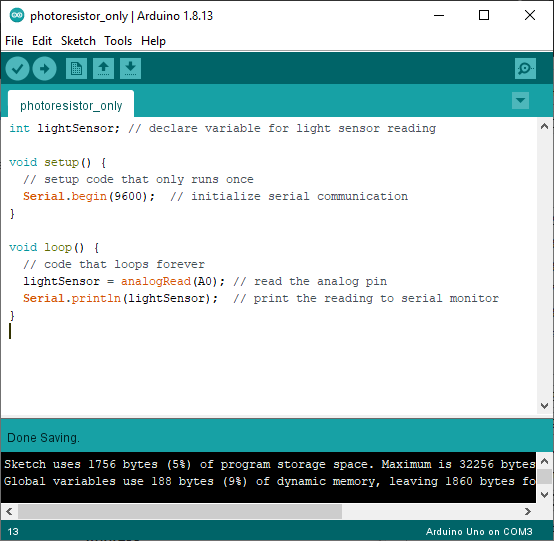  Example code for light sensor 