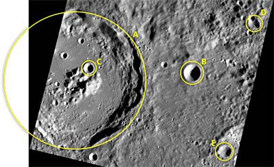 Image of various craters circled and labeled with letters to determine if they are suitable for analysis