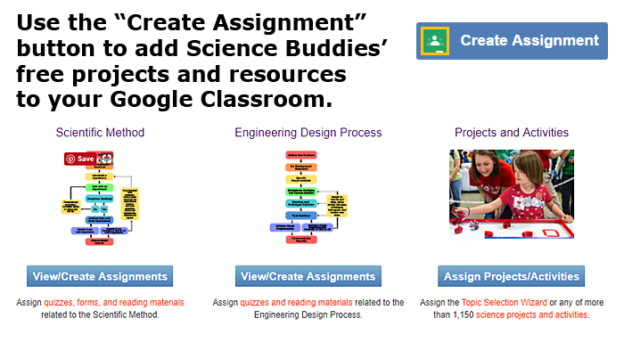 Cropped screenshot of Science Buddies projects and resources added to Google Classroom