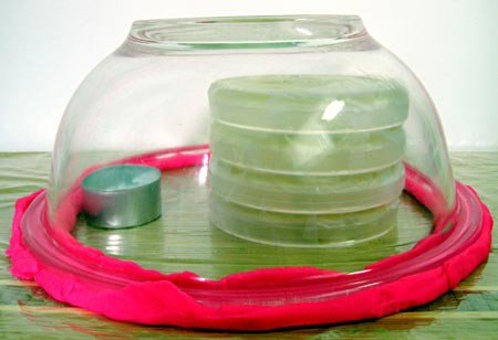 A tea candle and four stacked petri dishes are covered by a glass bowl that is sealed to a table with play-doh