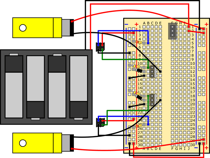 Breadboard diagram shows two motors and a battery pack wired to breadboard