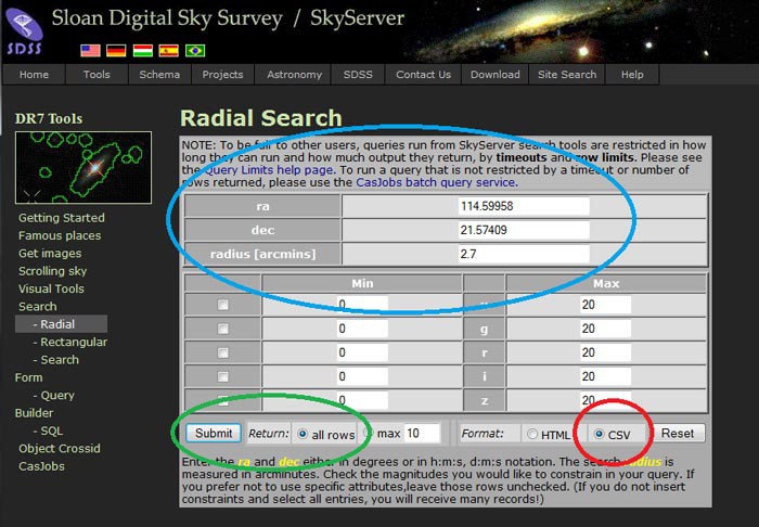 Screenshot of the Sloan Digital Sky Survey radial tool found on the web