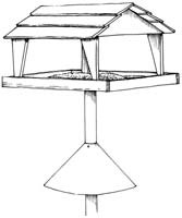 Drawing of a bird house with a cone around the support pole