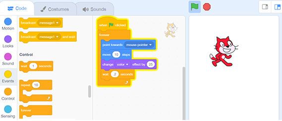 Sample scratch interface showing blocks of code being put into place to control a cat sprite