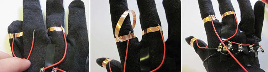 Three photos show copper tape securing the positive lead of a battery pack to the index finger on a glove