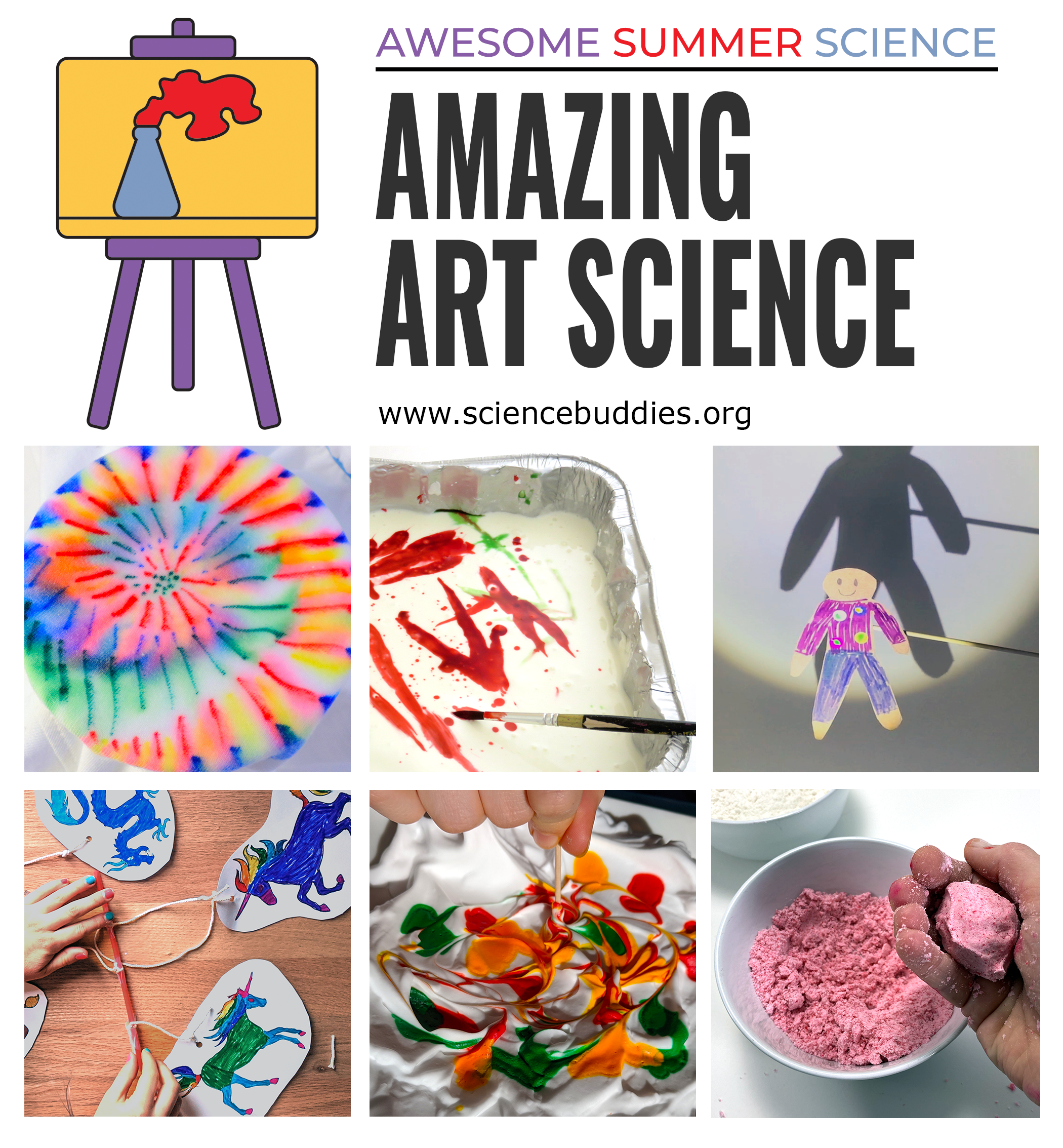 Marble art, shadow puppet, marker tie-dye, kinetic dough sculpture, and art mobile for Amazing Art Science Week 5 - part of Awesome Summer Science Experiments series