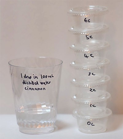 Seven plastic sauce cups stacked next to a cup of water